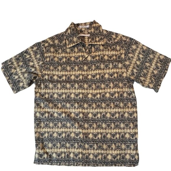 GEOFFREY BEANE Tribal Leaf Button Up Hawaiian Shirt Men Small Taupe Multi Casual - Picture 13 of 13